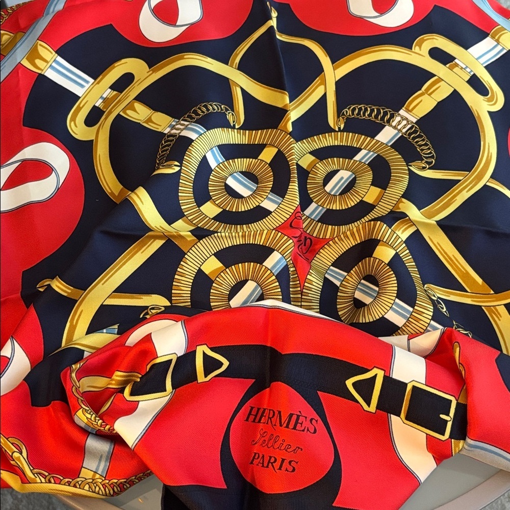 Red and Navy Silk Scarf - Designer Women’s Accessory